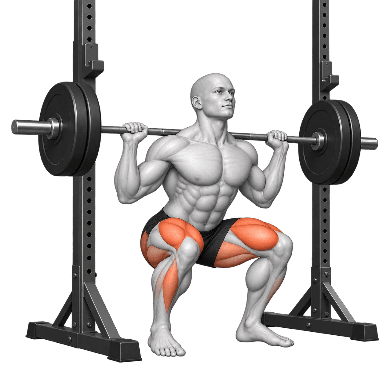 Barbell back squat in a rack with the thighs highlighted