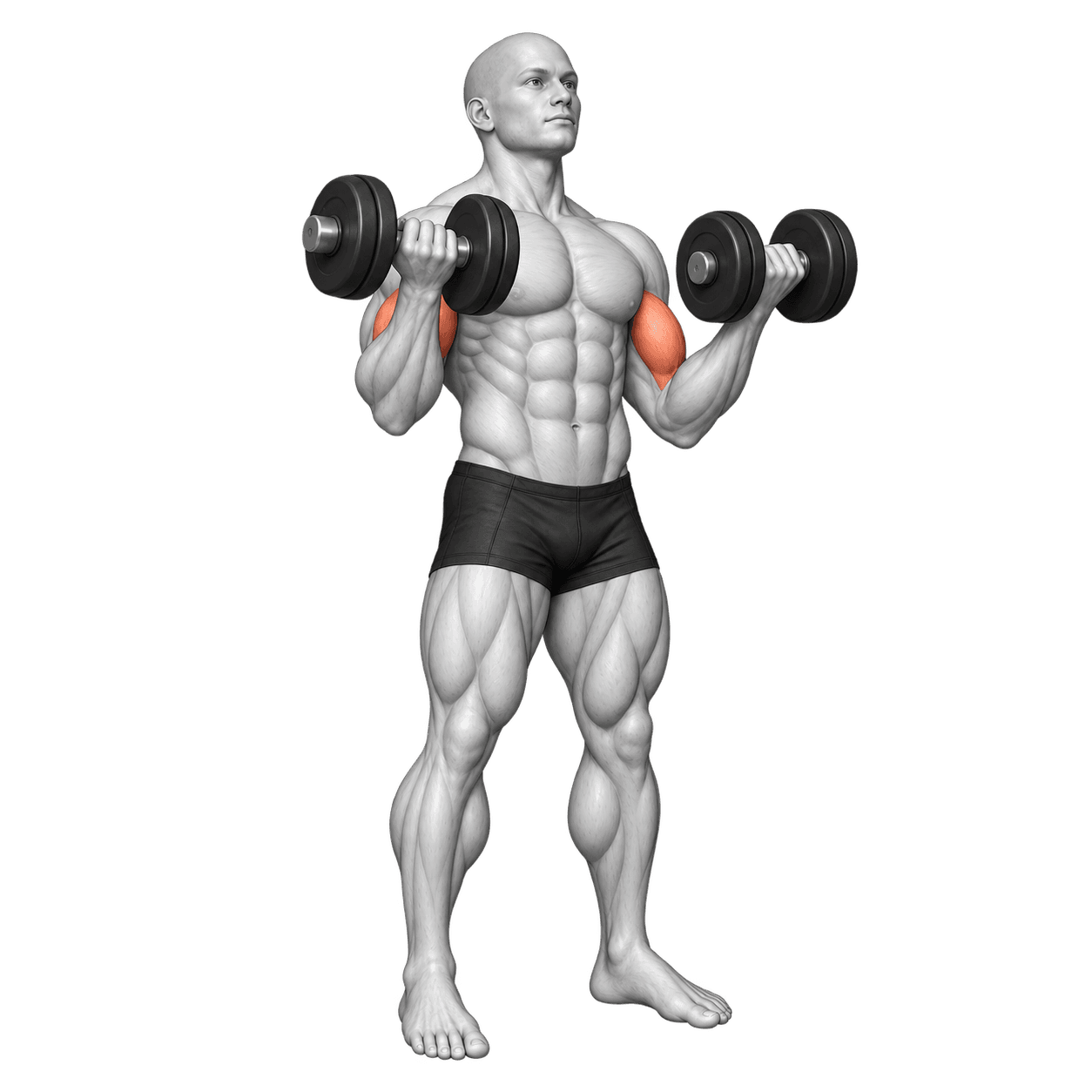 Standing dumbbell biceps curl with both upper arms highlighted