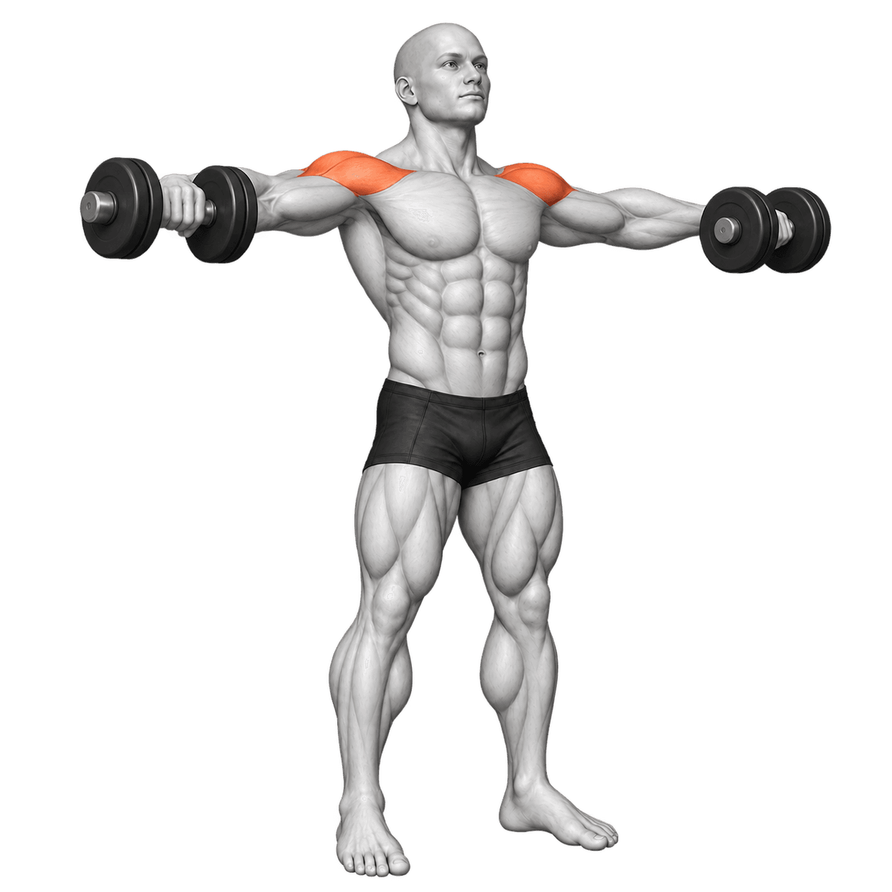 Standing dumbbell lateral raise with the side shoulders highlighted