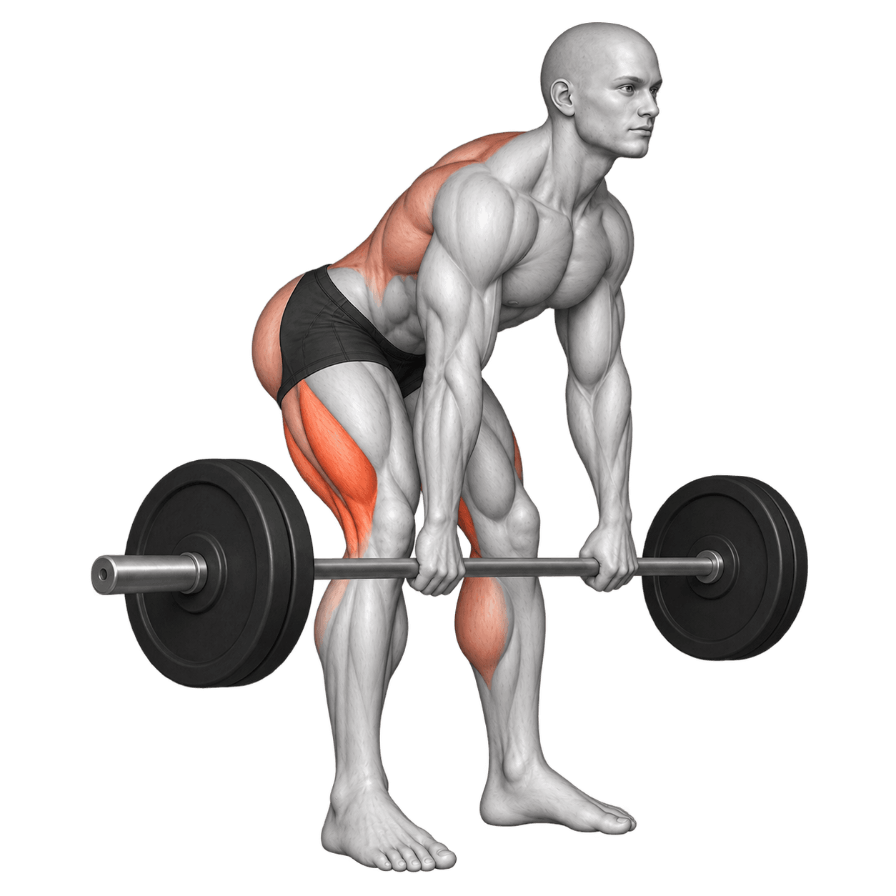 Standing lifter holding a barbell close to the legs in a Romanian deadlift hip hinge