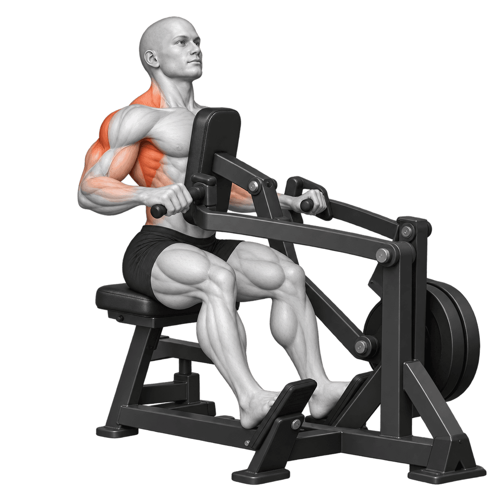 Seated row machine illustration showing the chest supported while pulling the handles toward the torso.
