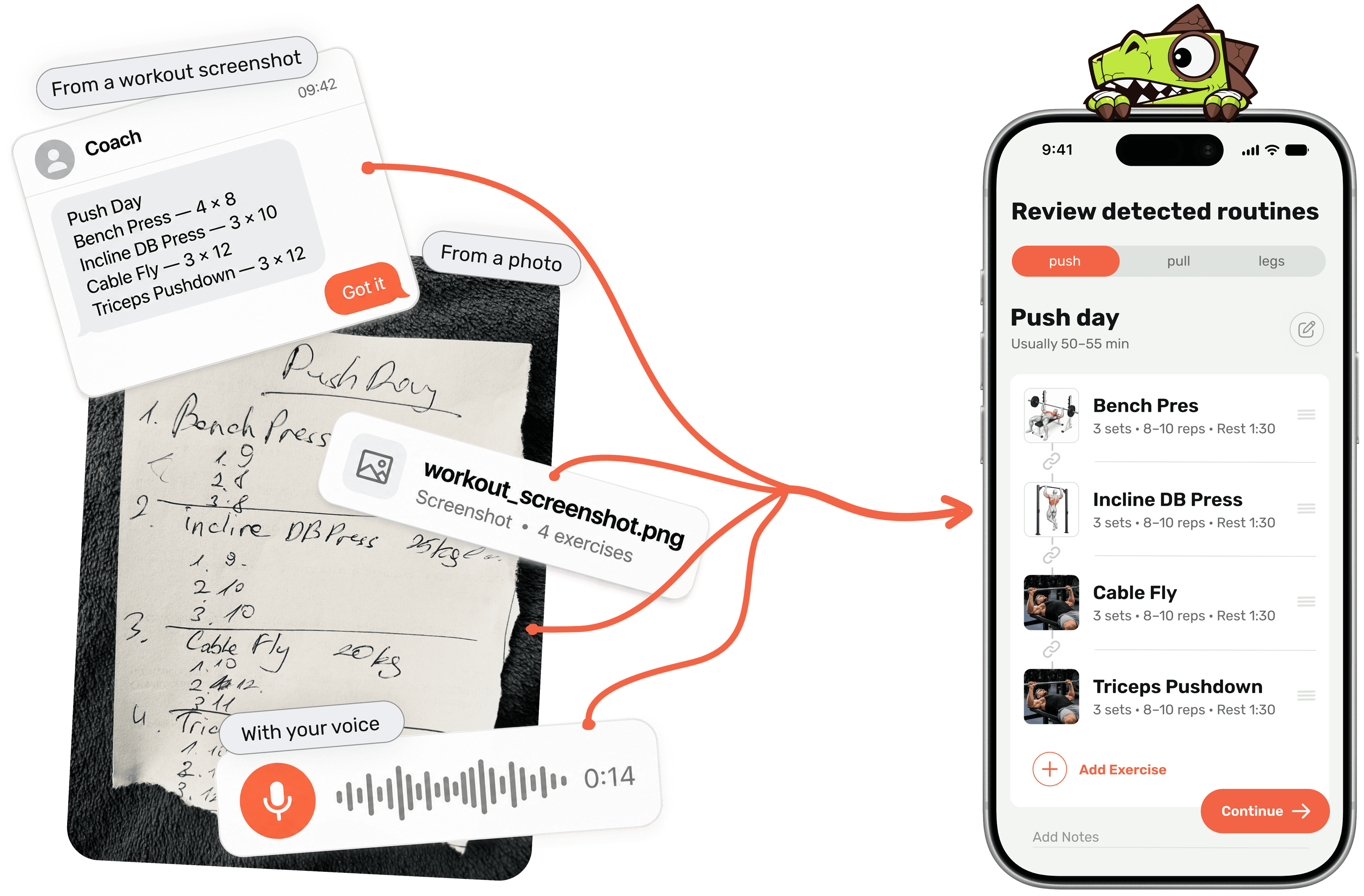 A workout screenshot, handwritten plan, and voice recording become an editable routine in Harda, with Seryozha above the iPhone