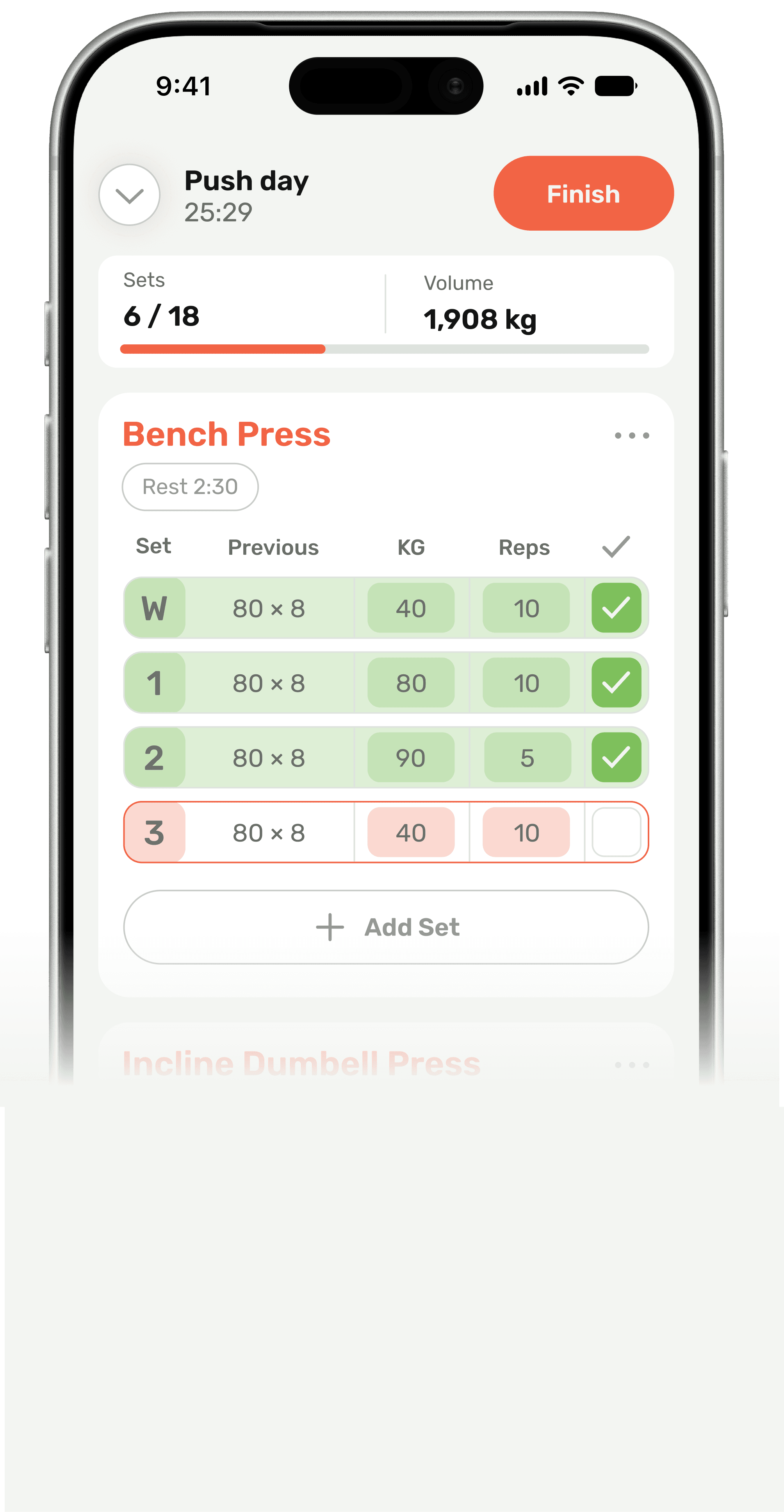 Harda workout screen showing previous sets, weight, reps, and completed sets