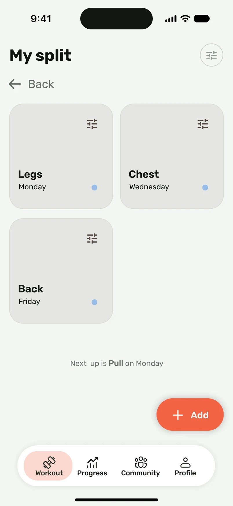 A Harda program folder containing Legs, Chest and Back workouts with scheduled training days