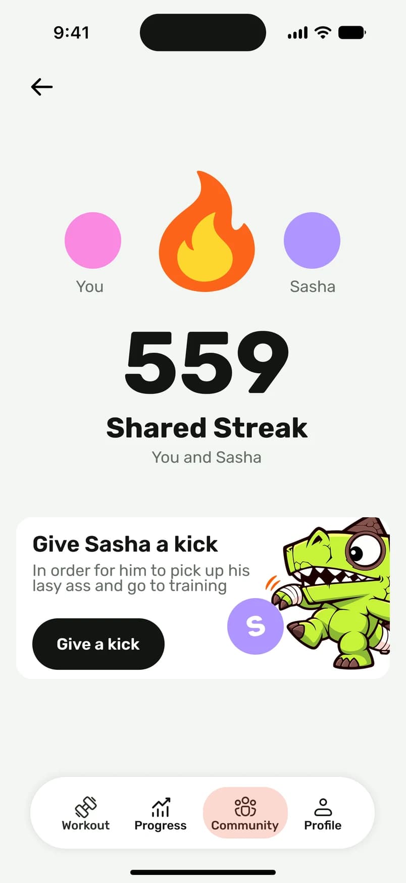 Example Harda community screen with two friends, a Gym Bro Streak and Seryozha