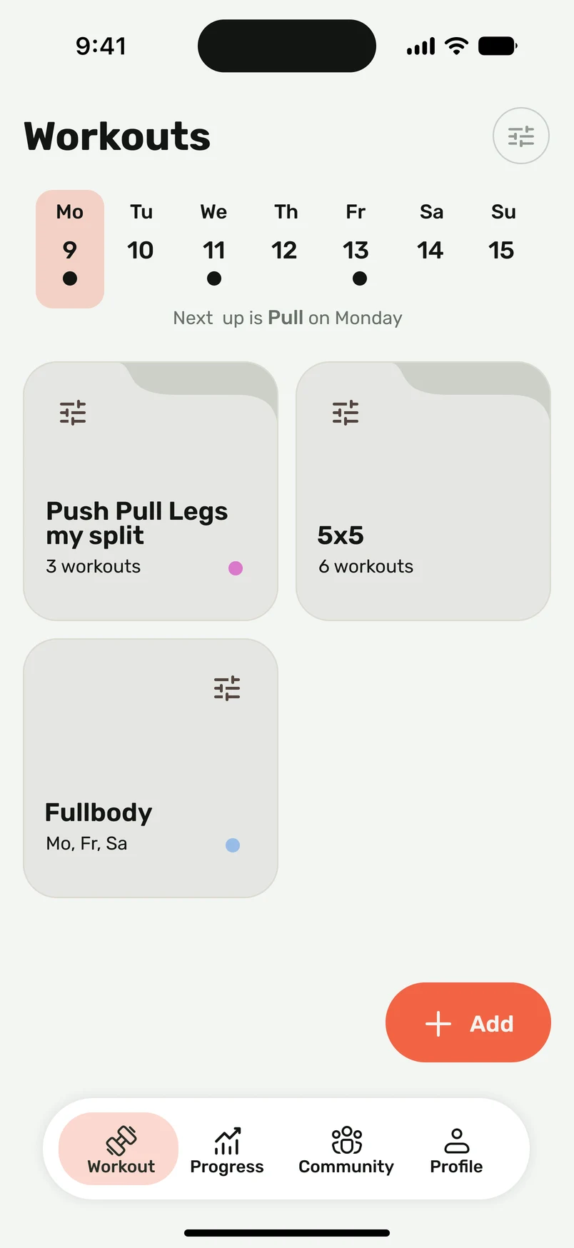 Harda workout planner showing a weekly calendar and folders for saved training programs
