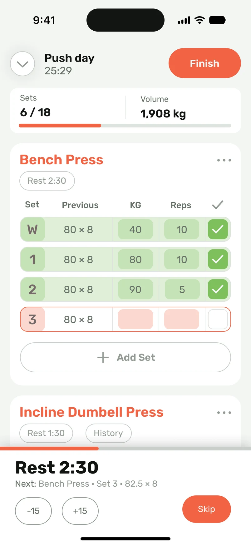 Harda gym workout log with previous performance, weight, reps, completed sets and a rest timer